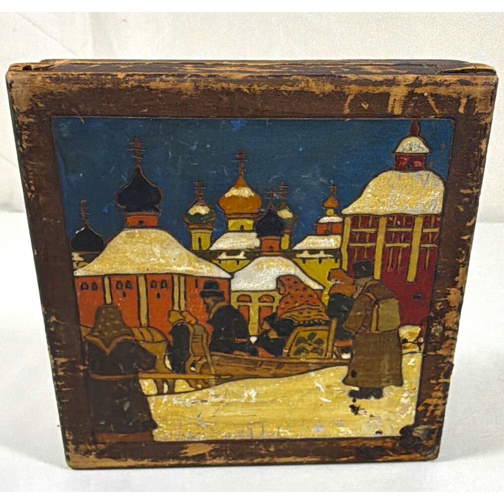 Vintage Russian Wooden Trinket Box Folk Art Winter Church Scene